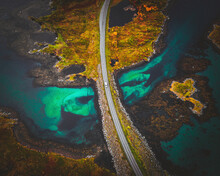 Aerial View Of A Road In The Lofoten Islands, Norway.