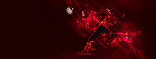 Flyer With Arabian Woman, Soccer Goalkeeper In Action Isolated On Dark Red Background With Polygonal Neon Elements. Sport Concept
