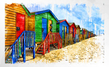 Colorful Beach Cottages Marker Sketch Illustration