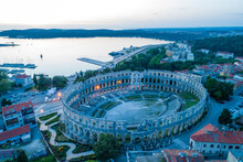 Aerial View Of Pula Arena And The Old Town, Pula, Croatia.