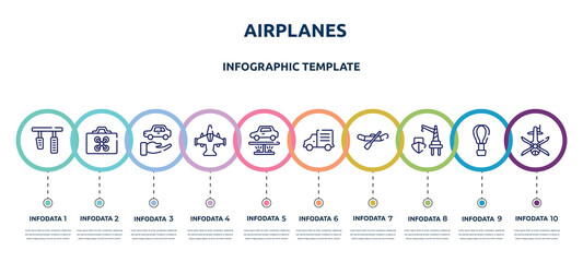Wall Mural - airplanes concept infographic design template. included brake pedal, drone case, rental car, military airplane bottom view, undercarriage, mini truck, watercraft, harbor, helicopter black shape top