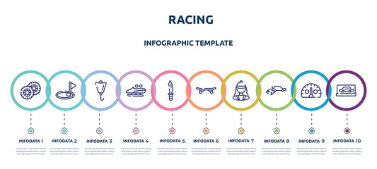 Wall Mural - racing concept infographic design template. included pit, birdie, lift bag, bobsled, dive knife, longboard, horsewoman, autocross, backup car icons and 10 option or steps.