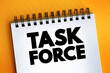 Task force - unit or formation established to work on a single defined task or activity, text concept on notepad