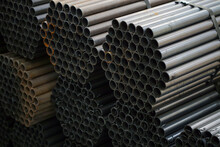High Quality Steel Pipe Or Aluminum And Chrome Stainless Pipes In Stack Waiting For Shipment In Warehouse