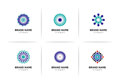 Set of minimalistic elegant geometric Arabic Mosaic  elements. Logotype inspiration, premade decorative fashion labels, signs. Vector Zellige 