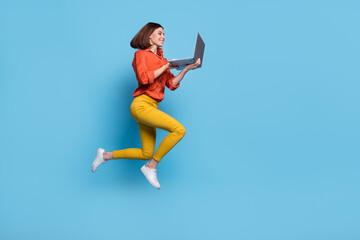 Wall Mural - full size profile side photo of young girl look laptop manager representative meeting distance isola