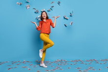 Full Length Body Size View Of Attractive Cheerful Girl Wasting Cash Having Fun Isolated Over Bright Blue Color Background