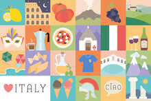 Set Of Italy Symbols, Icons Vector Illustrations, Flat Modern Style, For Tourism, Travel, Background, Wallpaper