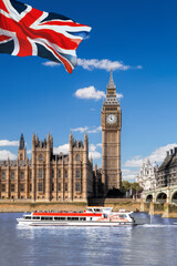 Fototapete - Famous Big Ben with bridge over Thames and tour boat on the river in London, England, UK