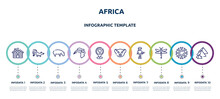 Africa Concept Infographic Design Template. Included Cabin, Skunk, Hippo, Hornbill, Location Pin, Lemur, Explorer, Dragonfly, Pyramid Icons And 10 Option Or Steps.