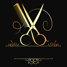 Golden Scissors And Hairbrush Symbol For Hair Salon. Beautiful Frame With A Pattern