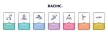 Racing Concept Infographic Design Template. Included Coin Toss, Drivers, Horsepower, Hang Glider, Sheave, Kicking, Chase Icons And 7 Option Or Steps.