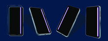 Mobile Phone Tilted From Four Sides On A Blue Background. Smartphone With Black Glass And Glare On The Screen. Realistic Modern Phone Presentation