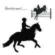 a set of silhouettes. a rider jumping over an obstacle on a horse, a child rides a pony, a black silhouette on a white background.