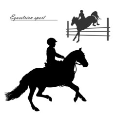 Wall Mural - a set of silhouettes. a rider jumping over an obstacle on a horse, a child rides a pony, a black silhouette on a white background.