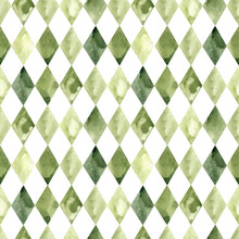 Watercolor Seamless Background With Rhombuses. Green Rhombuses Pattern. Geometric Texture For Fabric, Textile, Paper, Wall. Harlequin Background.