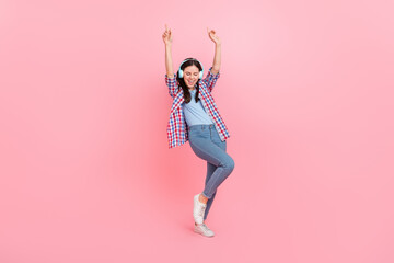 Sticker - Full body photo of ecstatic delighted cheerful female have fun in nightclub party dance isolated on pink color background