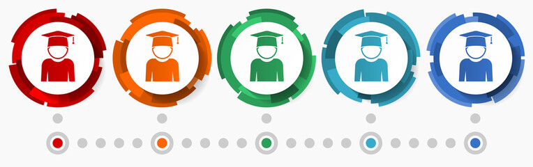 Fototapete - Student, graduation concept vector icon set, modern design abstract web buttons in 5 color options, infographic template for webdesign and mobile apps