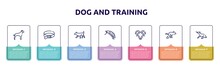 Dog And Training Concept Infographic Design Template. Included Great Dane, Dog Leads, Dog Running, Big Shrimp, Male Sheep Head, Poo, Playing Icons And 7 Option Or Steps.
