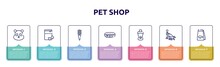 Pet Shop Concept Infographic Design Template. Included Panda Bear Head, Biscuits, Flea Comb, Dog Collar, Shampoo, Dog Walker, Fish Food Icons And 7 Option Or Steps.