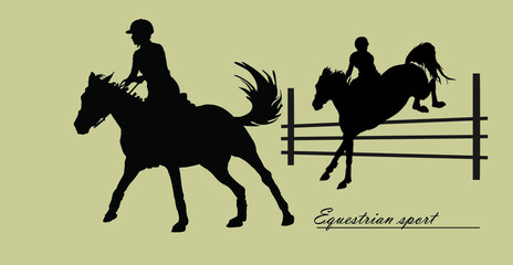 Wall Mural - a set of silhouettes. a rider jumping over an obstacle on a horse, isolated images, a black silhouette on a white background.