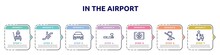 In The Airport Concept Infographic Design Template. Included Luggage Trolley, Or Going Down, Front Car, Smoking, Airplane Flight Card, No Drinks, Mother And Son Icons And 7 Option Or Steps.