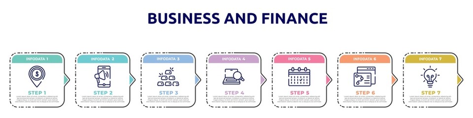 business and finance concept infographic design template. included dollar spot, mobile marketing, six gold bars, optimizer, calendar event, seo strategy, big light bulb icons and 7 option or steps.