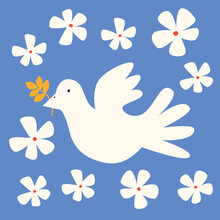 Dove Image. International Symbol Of Love And Peace. Cartoon White Pigeon With Golden Spike In The Beak, Simple Flat Vector Illustration