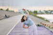 © natalialeb - Overweight European teenager kid girl in tracksuit warms up, does sports exercises on concrete embankment, Sports and teenagers, overweight teenagers,