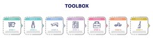 Toolbox Concept Infographic Design Template. Included Vise, Repair Pliers, Fender, Automatic Transmission, Lunchbox, Steamroller, Cleaning Mop Icons And 7 Option Or Steps.