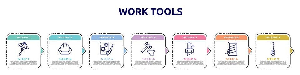 Canvas Print - work tools concept infographic design template. included japanese umbrella, head protection, decoupage, blacksmith, allen keys, copper wire, car key icons and 7 option or steps.