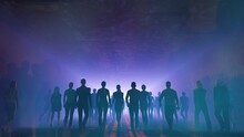 People Go To Light In The Fog. In Long Tunnel. The Crowd Is Moving Into The Distance. Throng Goes In One Direction. Mysterious World. Way To Paradise.  3D Rendering