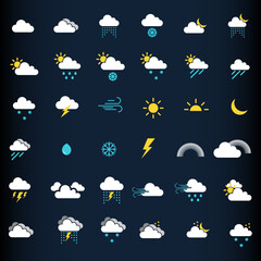 weather forecast meteorology icons set. sun, snow, cloud, rain, storm, sunrise, dawn, moon, wind. mi