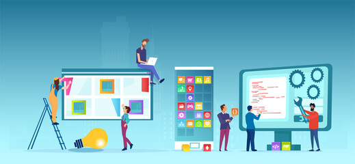 Wall Mural - vector of programmers designing a web and mobile application