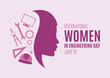 © betka82 - International Women in Engineering Day vector. Woman face in profile purple silhouette vector. Female engineer design element. Engineering icon set vector. June 23. Important day