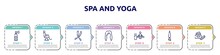 Spa And Yoga Concept Infographic Design Template. Included Hairspray, Barber Chair, Scissors Badge, Female Hair, Sauna, Angle Brush, Skincare Icons And 7 Option Or Steps.