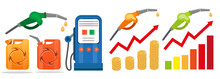  Petrol Fuel Icon Set Flat Style Refueling Gun And Canister, Rising Gas Prices And Oil Increase Fuel Concept Infographics. Vector Illustration