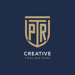 Letter PR shield logo style, luxury and elegant monogram logo design with gold color and dark background