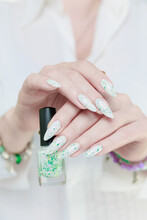 Beautiful Female Hands With Long Nails Light White Manicure 