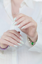 Beautiful Female Hands With Long Nails Light White Manicure 