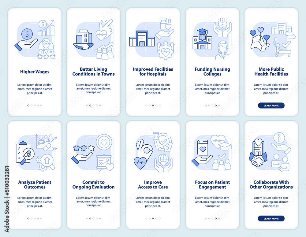 Healthcare system reform light blue onboarding mobile app screen set ...