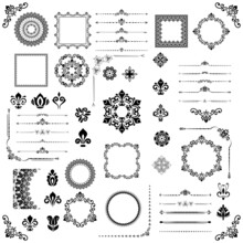 Vintage Set Of Vector Horizontal, Square And Round Black Elements. Elements For Backgrounds, Frames And Monograms. Classic Patterns. Set Of Vintage Patterns