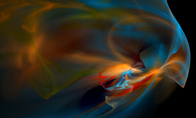 Wall Mural - Fiery dynamic abstract substance, essence or smoke in golden blue hues over deep dark space. Digital emotional 3d artwork. Concept of chaos. Great for design as background, overlay, poster or print.