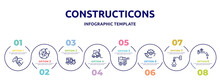 Constructicons Concept Infographic Design Template. Included Hammer In Hand, Disc Brake, Truck With Load, Null, Trolley With Cargo, Saw Half Cogwheel, Derrick With Tong, Stopcock Icons And 8 Option