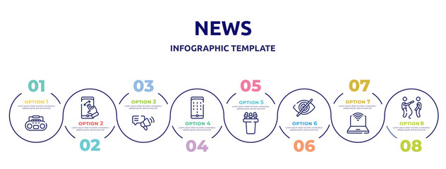 Wall Mural - news concept infographic design template. included tape player, swipe, testimony, dial pad, press conference, hide, survival kit, interviewer icons and 8 option or steps.