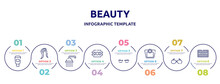 Beauty Concept Infographic Design Template. Included Hair Softener, Hair Style, Bathing, Razorblade, Lashes, Weighing Scale, Sun Glasses, Paints Icons And 8 Option Or Steps.