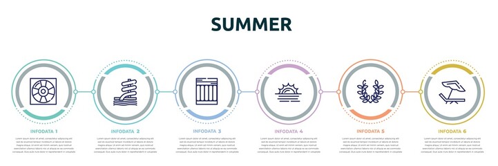 summer concept infographic design template. included life guard, aqua park, air mattress, sun at sea, wreath, beach chair icons and 6 option or steps.