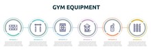 Gym Equipment Concept Infographic Design Template. Included Ice Court, Horizontal Bar, Blue Card, Stilt House, Variometer, Trellis Icons And 6 Option Or Steps.
