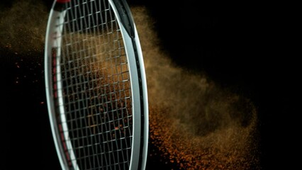 Wall Mural - Super Slow Motion Shot of Racket Hitting Tenis Ball Containing Orange Powder at 1000 fps.