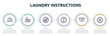Laundry Instructions Concept Infographic Design Template. Included Iron High Temperature, Babysitter And Child, No Bomb Jump, Caution, Null, Any Solvent Icons And 6 Option Or Steps.